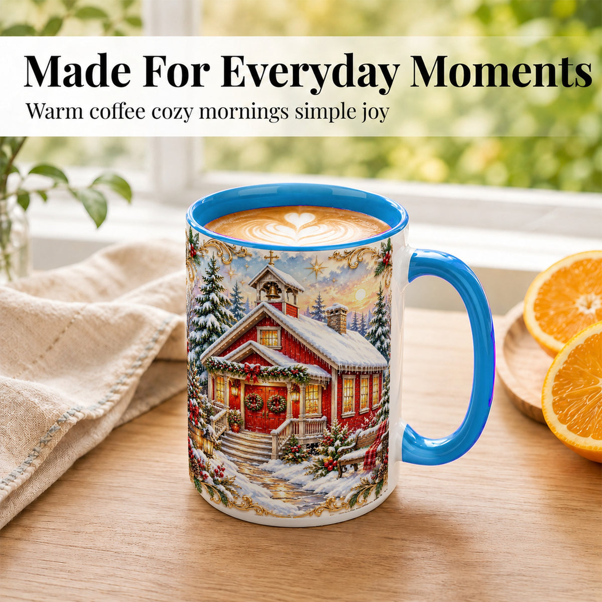 #pl[15oz|Blue] Snowy Red Chapel Coffee Mug, Ornate Christmas Mug, Ceramic Cup