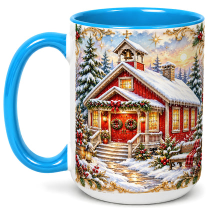 #pl[15oz|Blue] Snowy Red Chapel Coffee Mug, Ornate Christmas Mug, Ceramic Cup