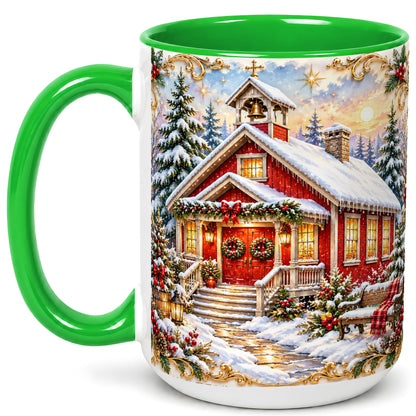#pl[15oz|Green] Snowy Red Chapel Coffee Mug, Ornate Christmas Mug, Ceramic Cup