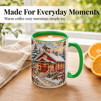 #pl[15oz|Green] Snowy Red Chapel Coffee Mug, Ornate Christmas Mug, Ceramic Cup