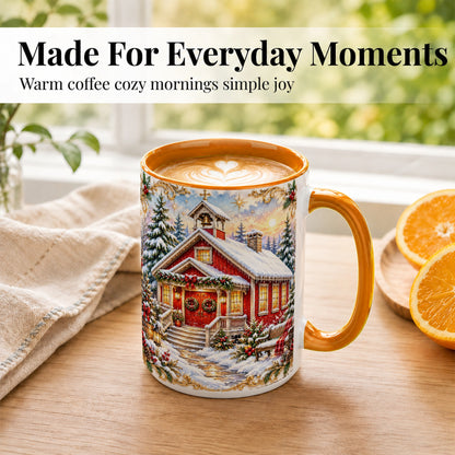 #pl[15oz|Orange] Snowy Red Chapel Coffee Mug, Ornate Christmas Mug, Ceramic Cup