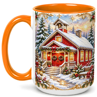#pl[15oz|Orange] Snowy Red Chapel Coffee Mug, Ornate Christmas Mug, Ceramic Cup