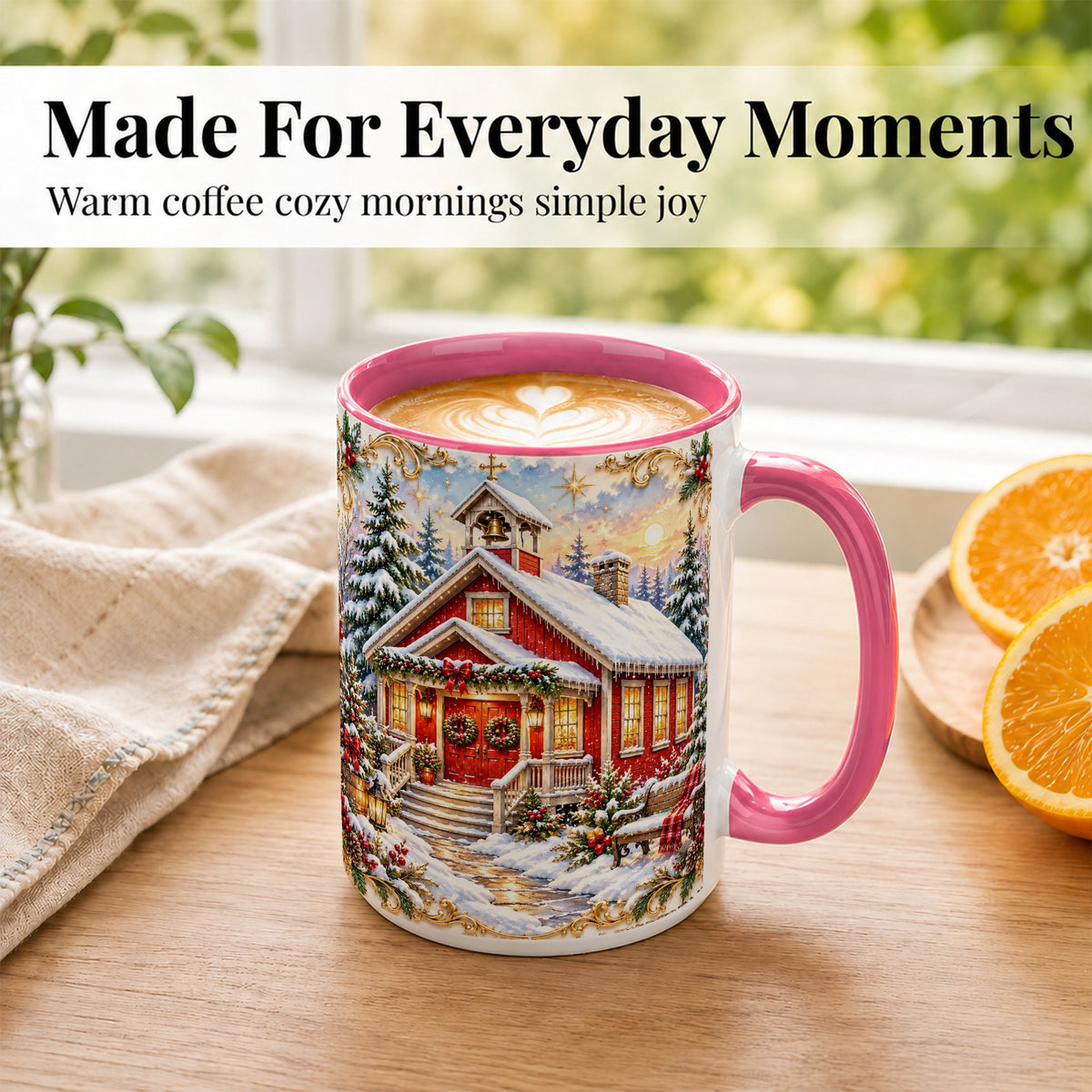 #pl[15oz|Pink] Snowy Red Chapel Coffee Mug, Ornate Christmas Mug, Ceramic Cup