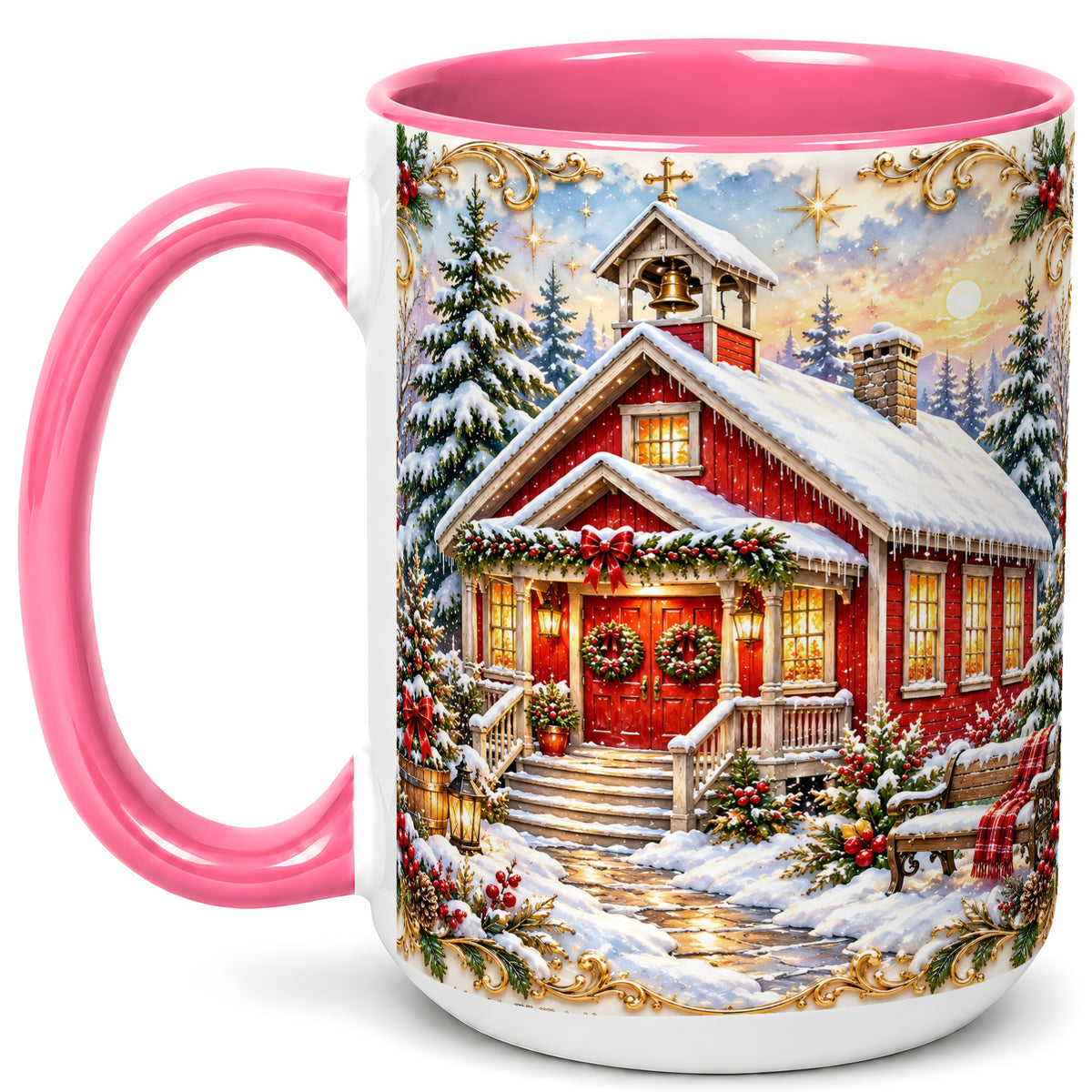 #pl[15oz|Pink] Snowy Red Chapel Coffee Mug, Ornate Christmas Mug, Ceramic Cup