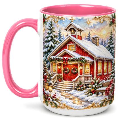 #pl[15oz|Pink] Snowy Red Chapel Coffee Mug, Ornate Christmas Mug, Ceramic Cup