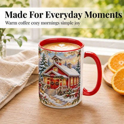 #pl[15oz|Red] Snowy Red Chapel Coffee Mug, Ornate Christmas Mug, Ceramic Cup