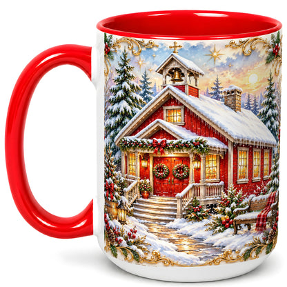 #pl[15oz|Red] Snowy Red Chapel Coffee Mug, Ornate Christmas Mug, Ceramic Cup