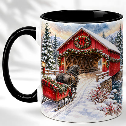 #pl[11oz|Black] Christmas Covered Bridge Coffee Mug, Winter Sleigh Mug, Ceramic Cup
