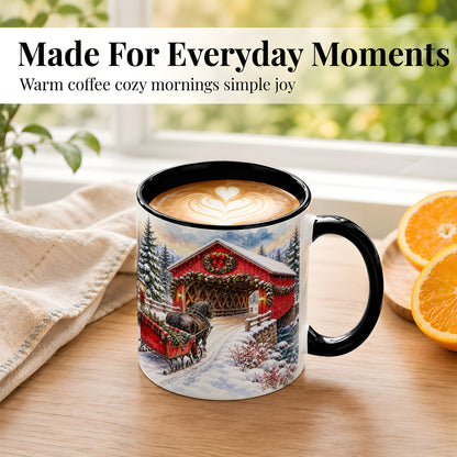 #pl[11oz|Black] Christmas Covered Bridge Coffee Mug, Winter Sleigh Mug, Ceramic Cup