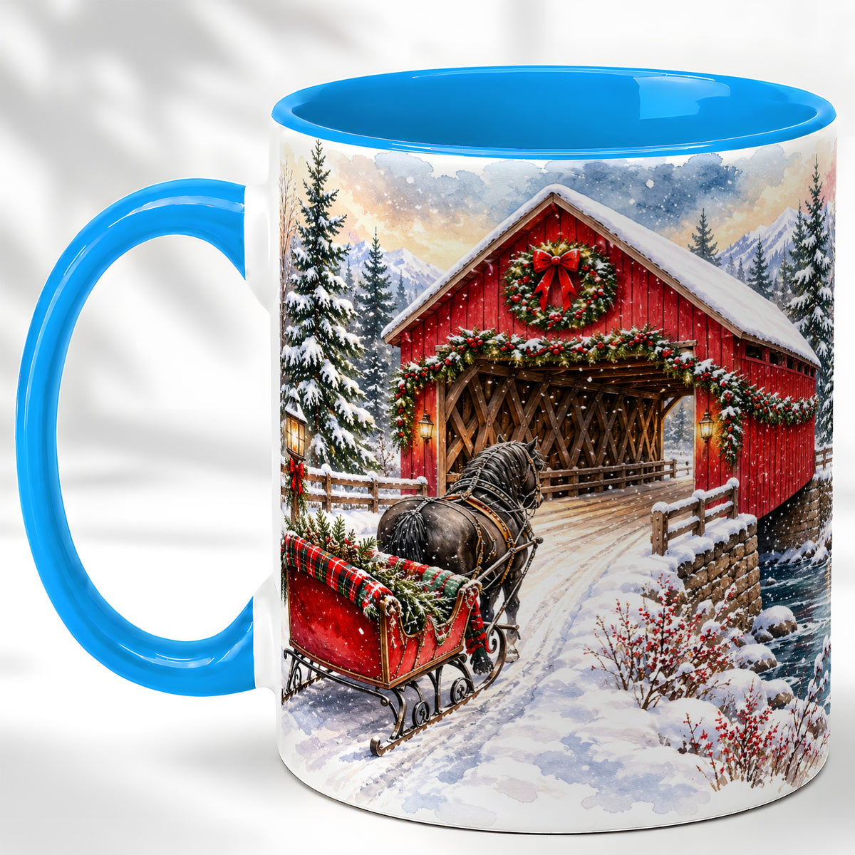 #pl[11oz|Blue] Christmas Covered Bridge Coffee Mug, Winter Sleigh Mug, Ceramic Cup