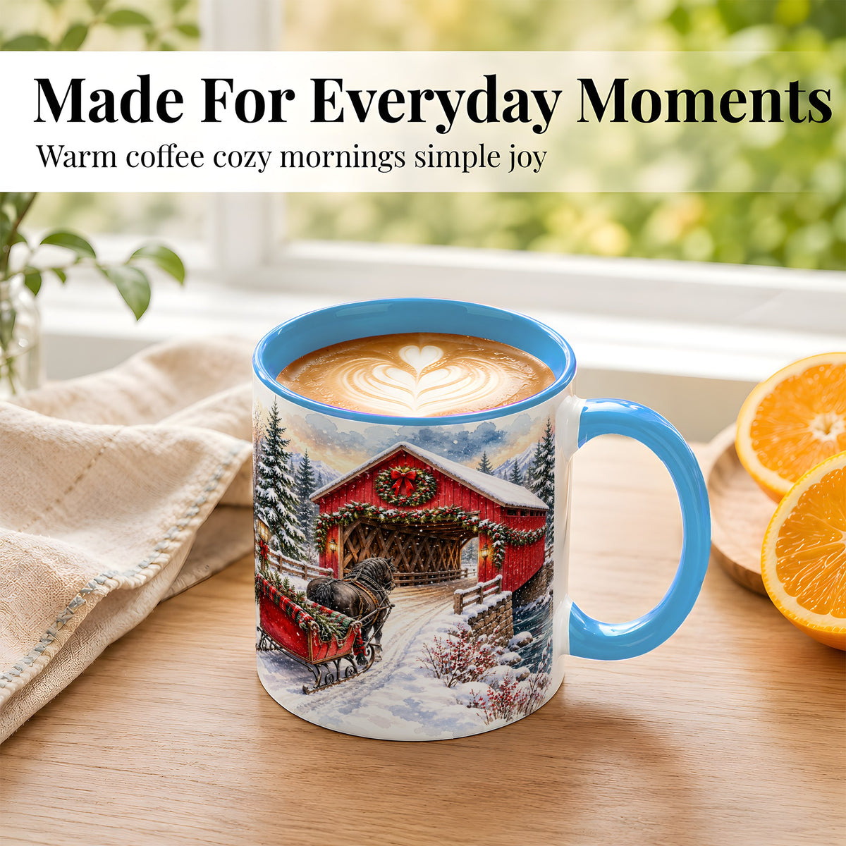 #pl[11oz|Blue] Christmas Covered Bridge Coffee Mug, Winter Sleigh Mug, Ceramic Cup