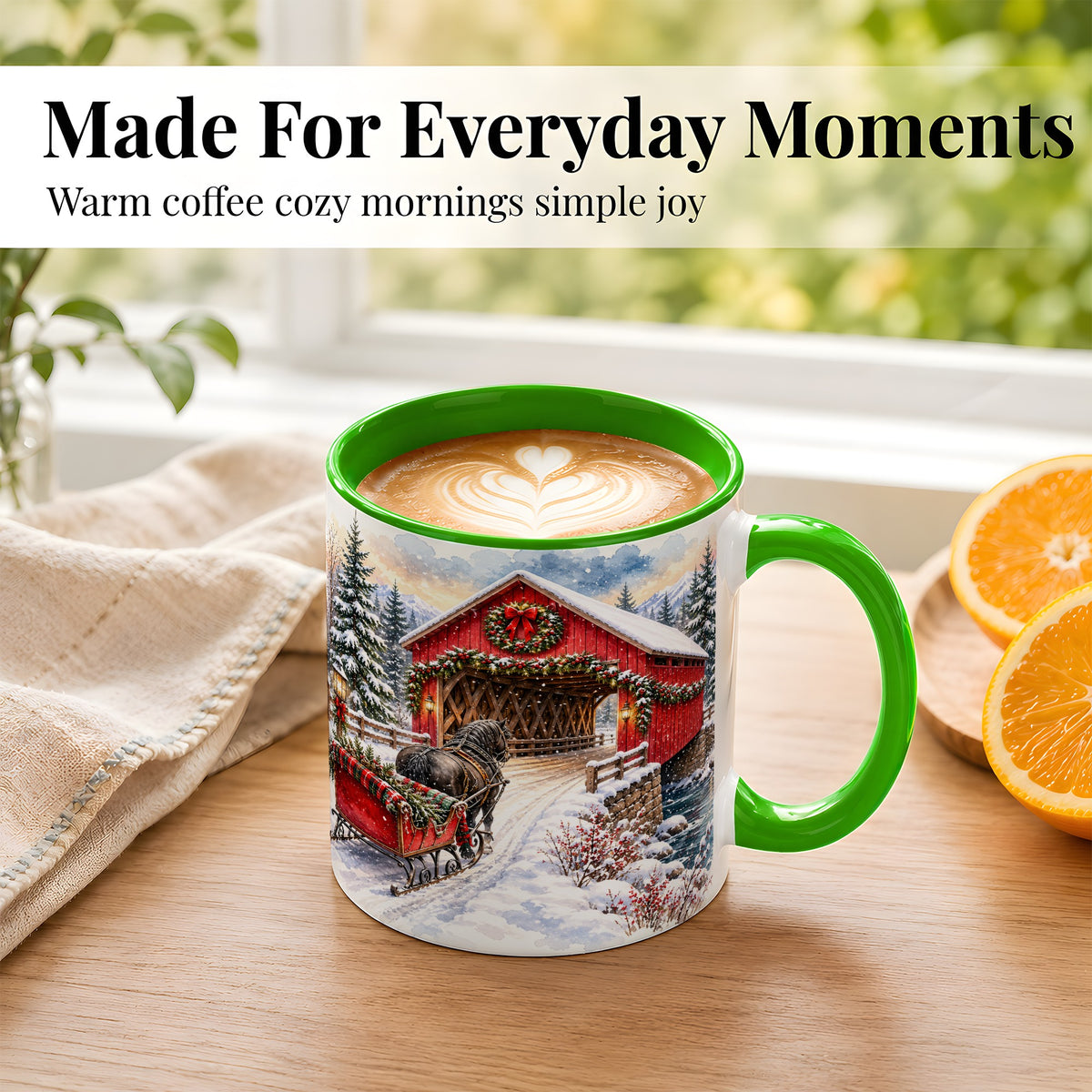 #pl[11oz|Green] Christmas Covered Bridge Coffee Mug, Winter Sleigh Mug, Ceramic Cup