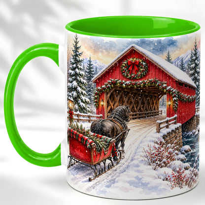 #pl[11oz|Green] Christmas Covered Bridge Coffee Mug, Winter Sleigh Mug, Ceramic Cup