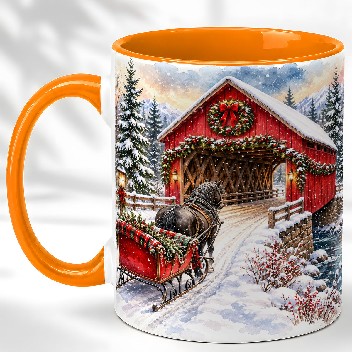 #pl[11oz|Orange] Christmas Covered Bridge Coffee Mug, Winter Sleigh Mug, Ceramic Cup