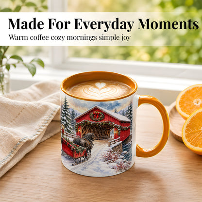 #pl[11oz|Orange] Christmas Covered Bridge Coffee Mug, Winter Sleigh Mug, Ceramic Cup