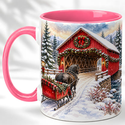 #pl[11oz|Pink] Christmas Covered Bridge Coffee Mug, Winter Sleigh Mug, Ceramic Cup