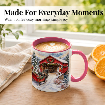 #pl[11oz|Pink] Christmas Covered Bridge Coffee Mug, Winter Sleigh Mug, Ceramic Cup