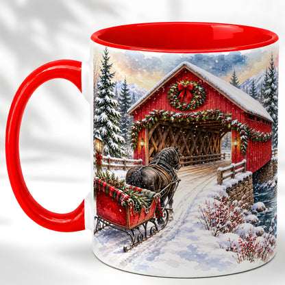 Christmas Covered Bridge Coffee Mug, Winter Sleigh Mug, Ceramic Cup