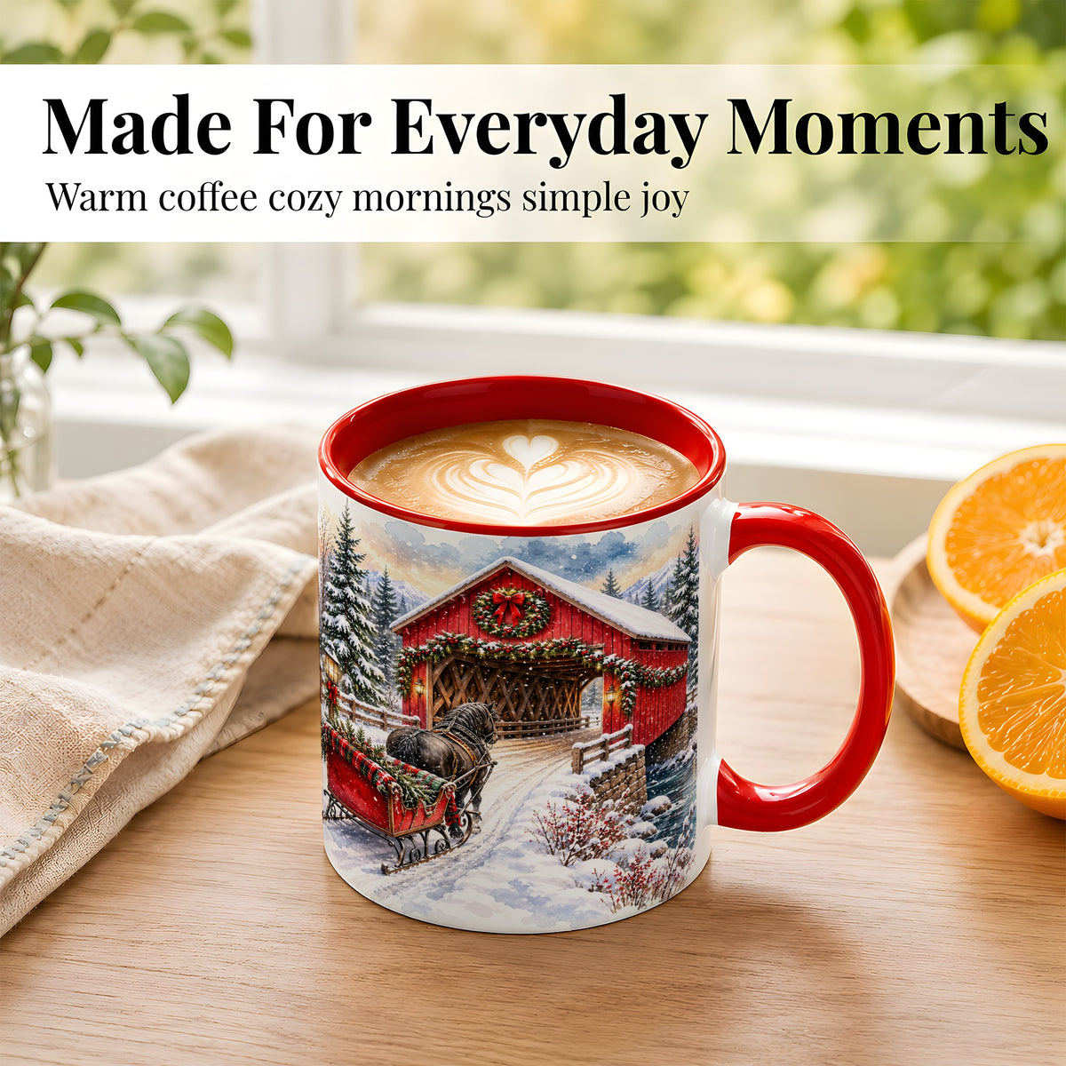 #pl[11oz|Red] Christmas Covered Bridge Coffee Mug, Winter Sleigh Mug, Ceramic Cup