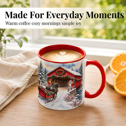 #pl[11oz|Red] Christmas Covered Bridge Coffee Mug, Winter Sleigh Mug, Ceramic Cup