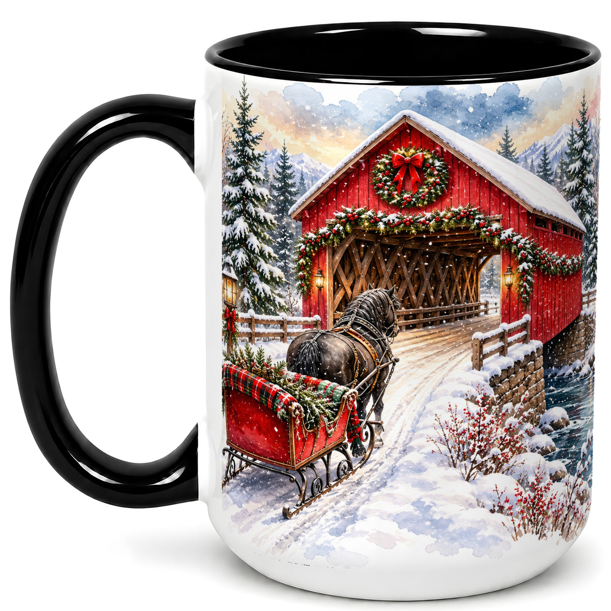 #pl[15oz|Black] Christmas Covered Bridge Coffee Mug, Winter Sleigh Mug, Ceramic Cup