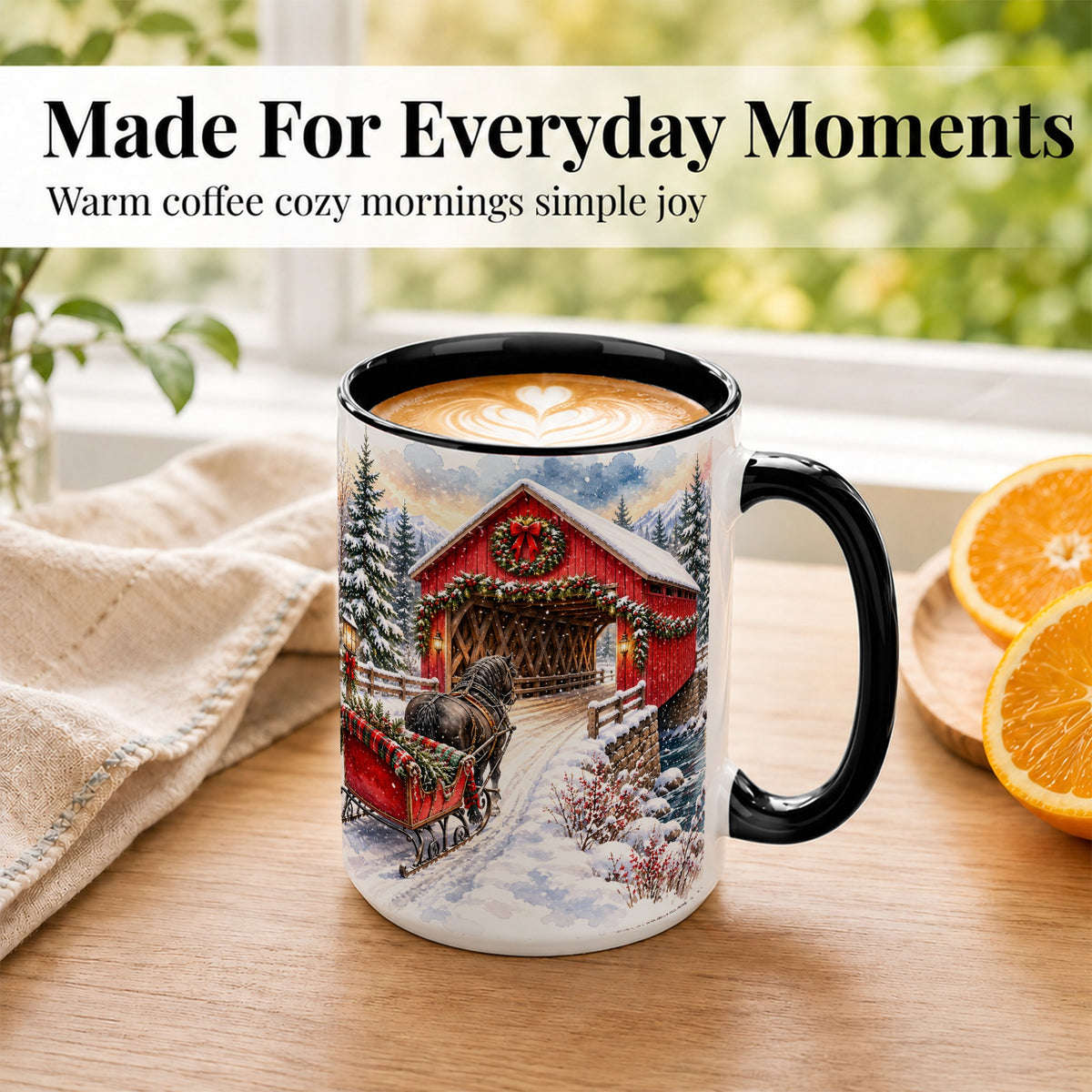 #pl[15oz|Black] Christmas Covered Bridge Coffee Mug, Winter Sleigh Mug, Ceramic Cup