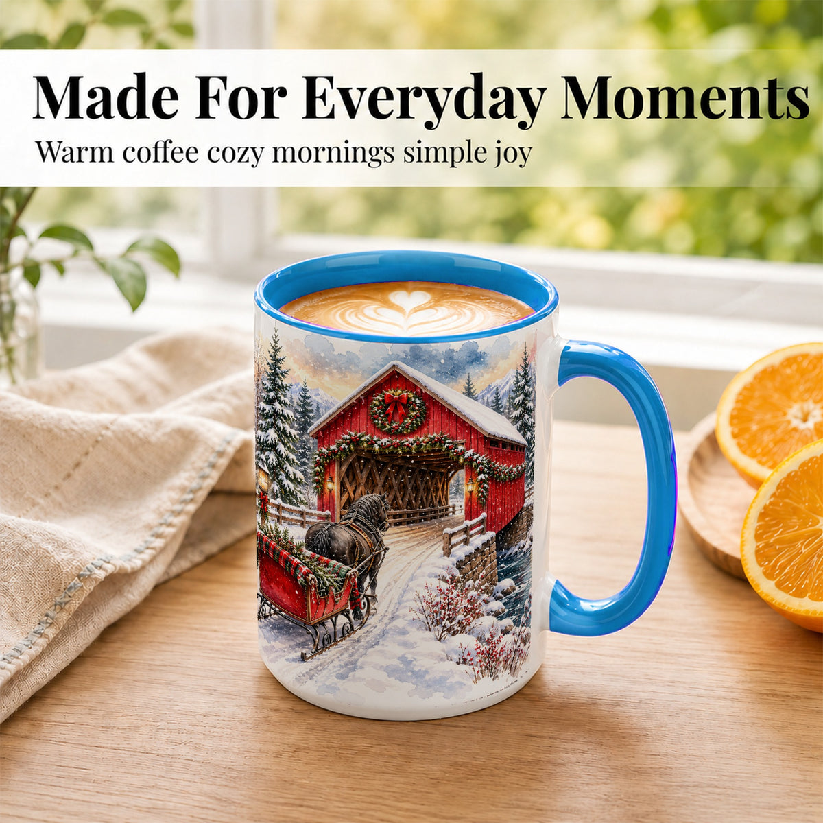 #pl[15oz|Blue] Christmas Covered Bridge Coffee Mug, Winter Sleigh Mug, Ceramic Cup