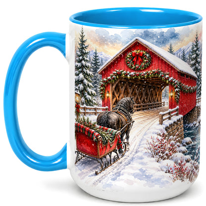 #pl[15oz|Blue] Christmas Covered Bridge Coffee Mug, Winter Sleigh Mug, Ceramic Cup