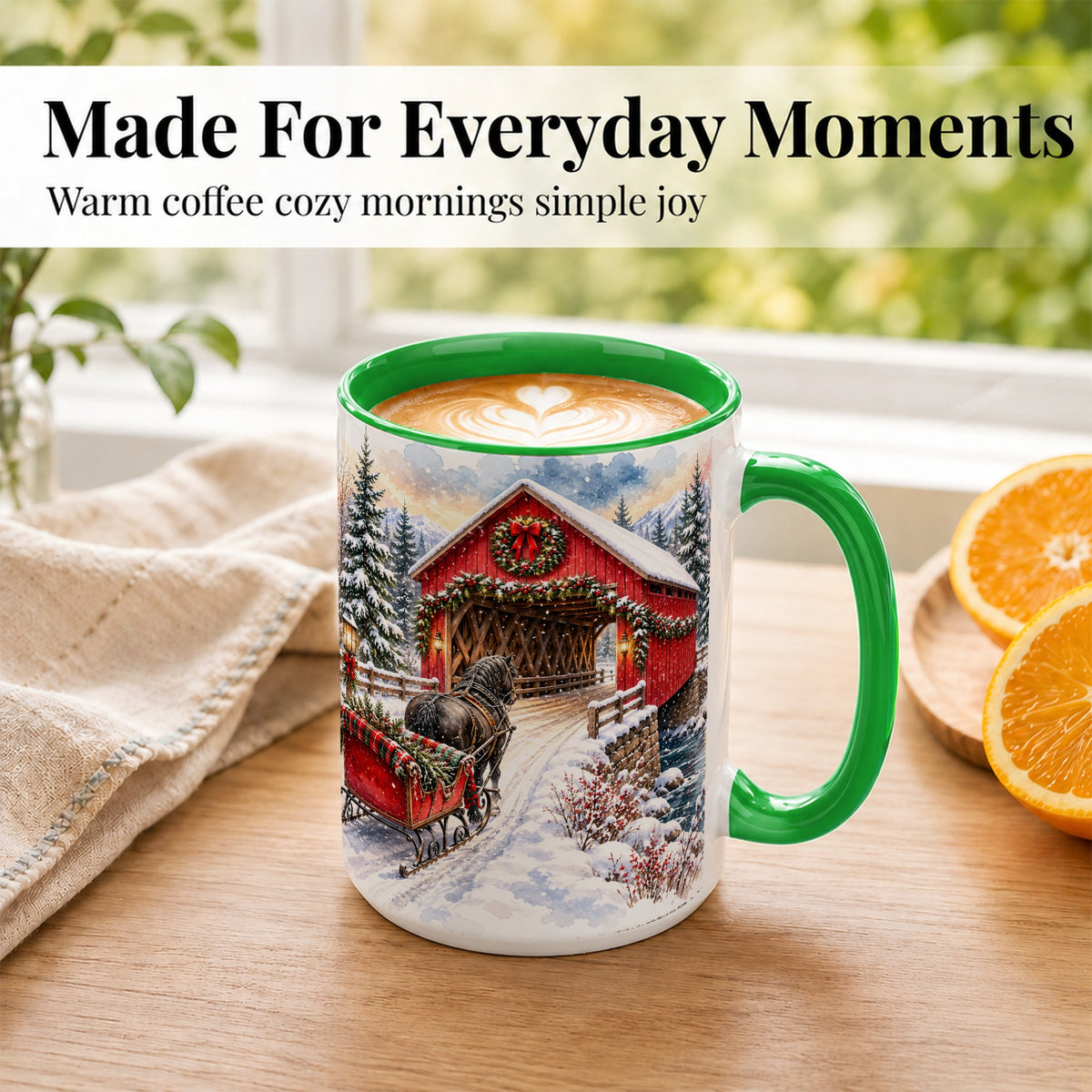 #pl[15oz|Green] Christmas Covered Bridge Coffee Mug, Winter Sleigh Mug, Ceramic Cup