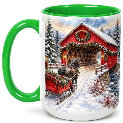 #pl[15oz|Green] Christmas Covered Bridge Coffee Mug, Winter Sleigh Mug, Ceramic Cup