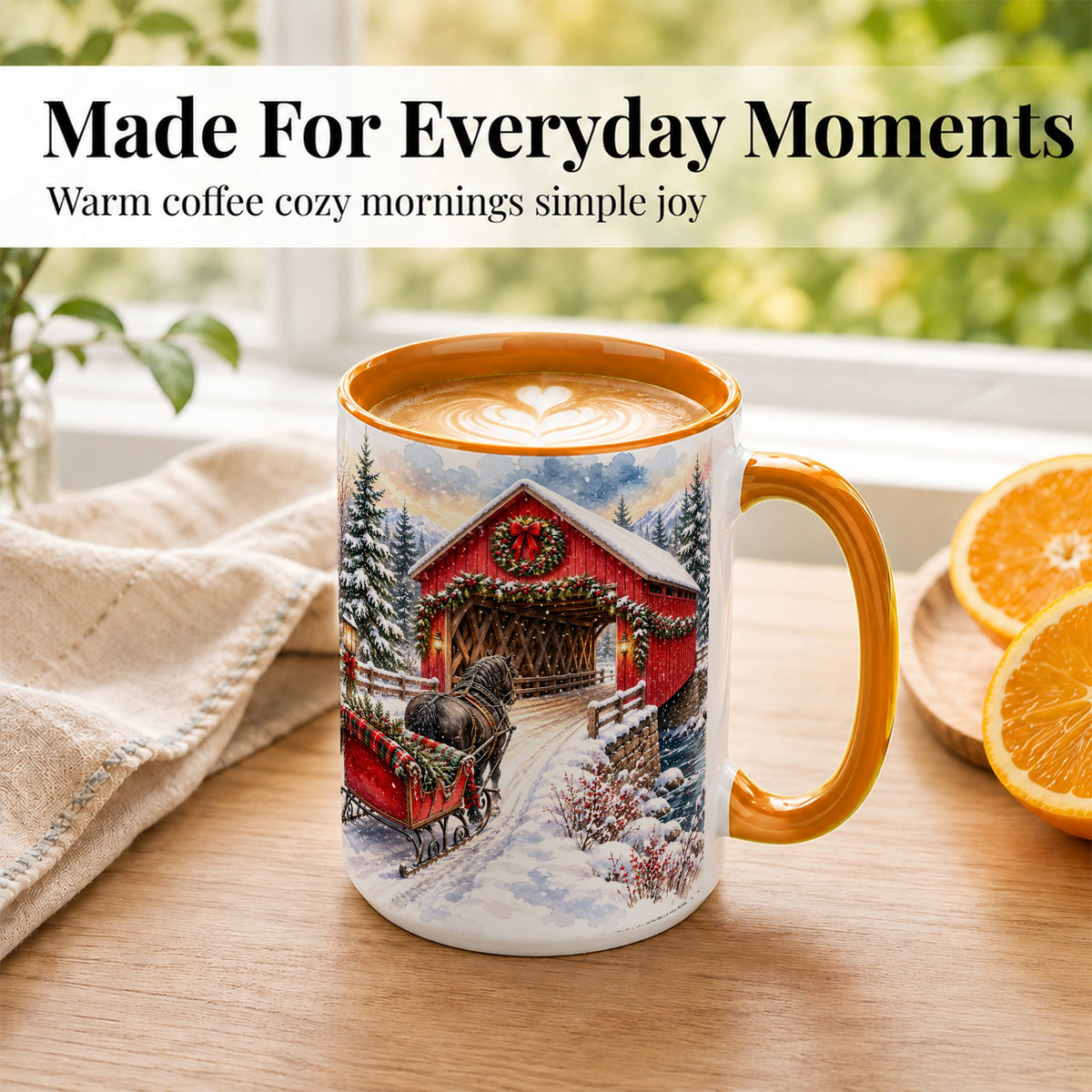 #pl[15oz|Orange] Christmas Covered Bridge Coffee Mug, Winter Sleigh Mug, Ceramic Cup