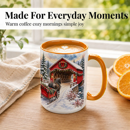 #pl[15oz|Orange] Christmas Covered Bridge Coffee Mug, Winter Sleigh Mug, Ceramic Cup