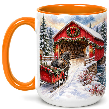 #pl[15oz|Orange] Christmas Covered Bridge Coffee Mug, Winter Sleigh Mug, Ceramic Cup