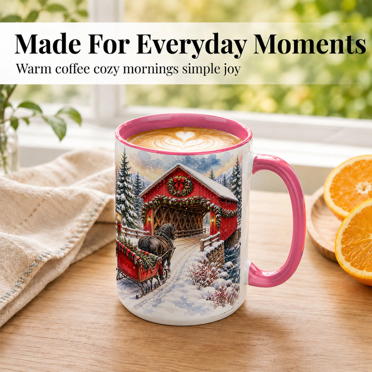 #pl[15oz|Pink] Christmas Covered Bridge Coffee Mug, Winter Sleigh Mug, Ceramic Cup