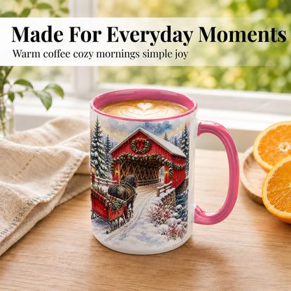 #pl[15oz|Pink] Christmas Covered Bridge Coffee Mug, Winter Sleigh Mug, Ceramic Cup