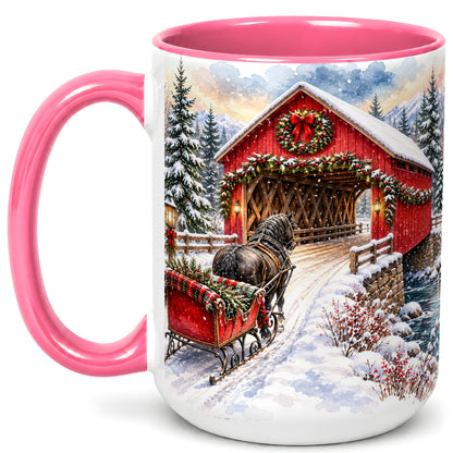 #pl[15oz|Pink] Christmas Covered Bridge Coffee Mug, Winter Sleigh Mug, Ceramic Cup