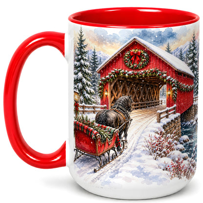 #pl[15oz|Red] Christmas Covered Bridge Coffee Mug, Winter Sleigh Mug, Ceramic Cup