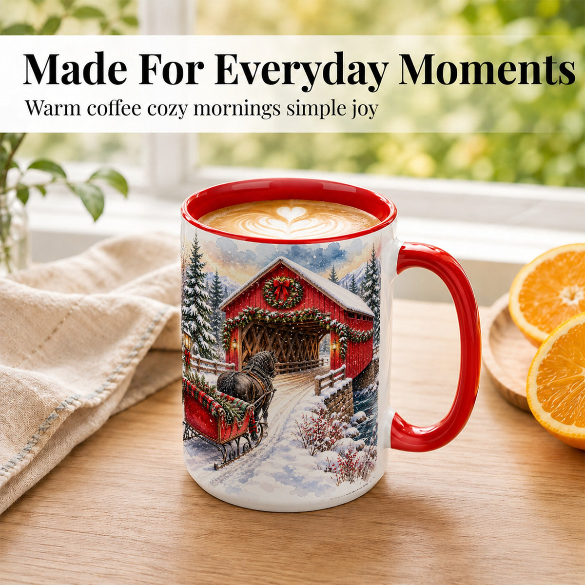 #pl[15oz|Red] Christmas Covered Bridge Coffee Mug, Winter Sleigh Mug, Ceramic Cup