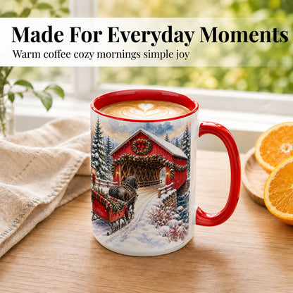 #pl[15oz|Red] Christmas Covered Bridge Coffee Mug, Winter Sleigh Mug, Ceramic Cup