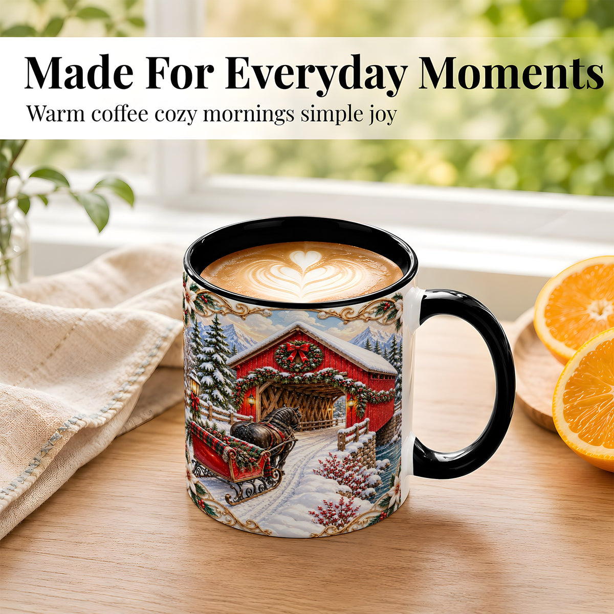 #pl[11oz|Black] Ornate Christmas Bridge Coffee Mug, Winter Sleigh Mug, Ceramic Cup