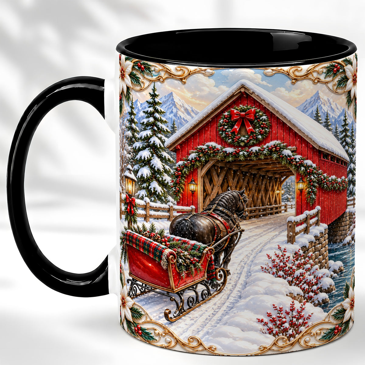 #pl[11oz|Black] Ornate Christmas Bridge Coffee Mug, Winter Sleigh Mug, Ceramic Cup