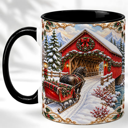 #pl[11oz|Black] Ornate Christmas Bridge Coffee Mug, Winter Sleigh Mug, Ceramic Cup