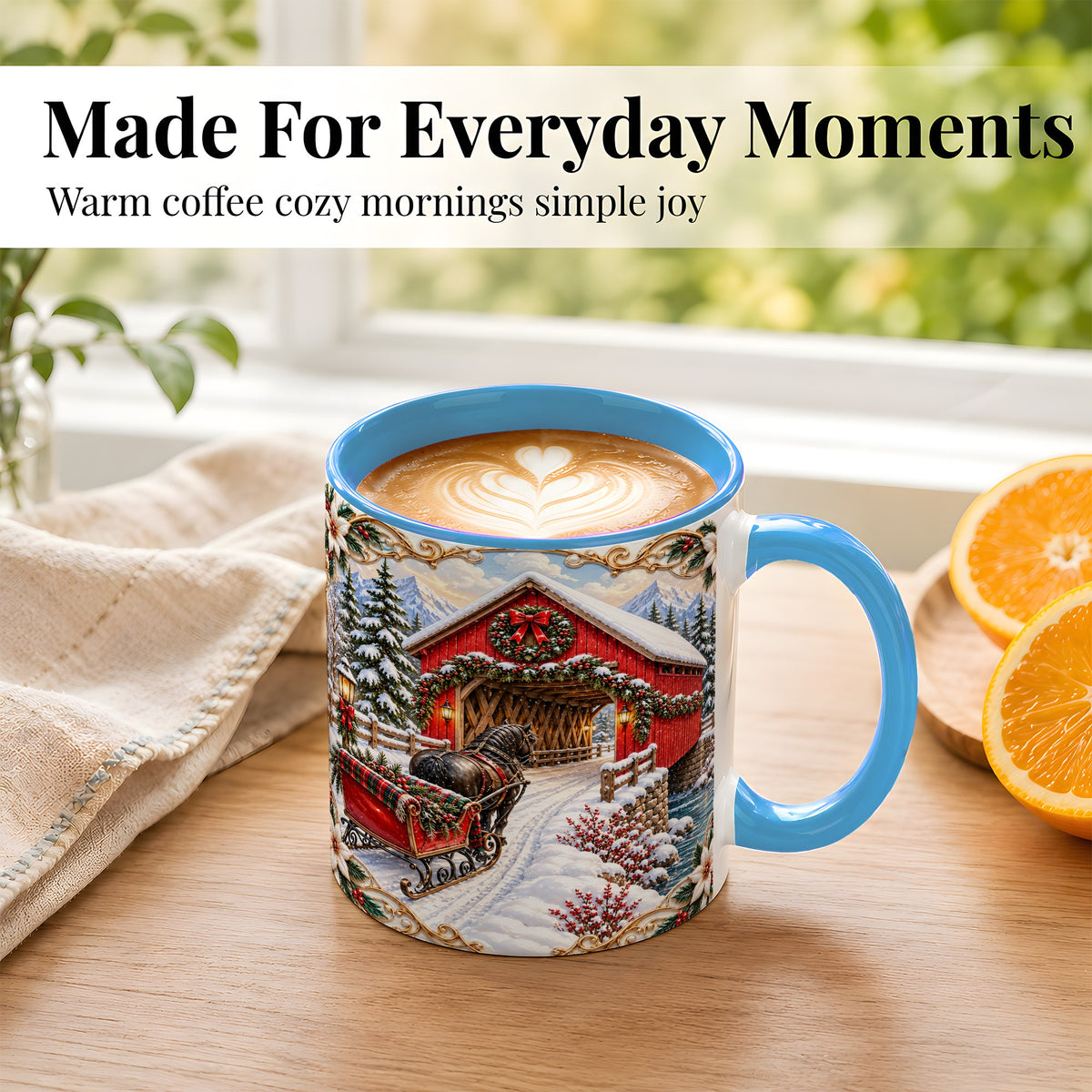#pl[11oz|Blue] Ornate Christmas Bridge Coffee Mug, Winter Sleigh Mug, Ceramic Cup