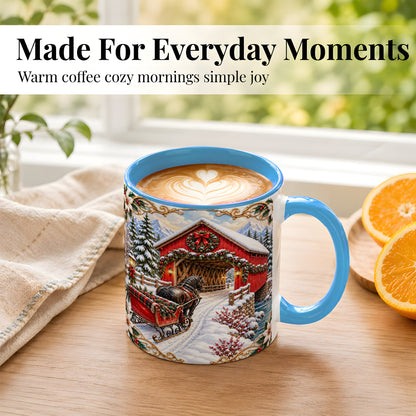#pl[11oz|Blue] Ornate Christmas Bridge Coffee Mug, Winter Sleigh Mug, Ceramic Cup