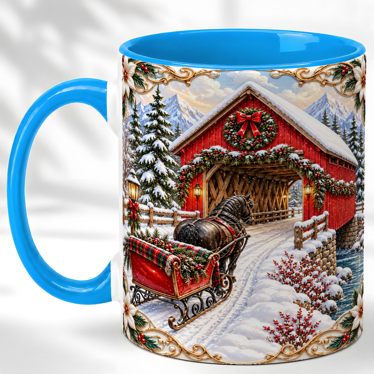 #pl[11oz|Blue] Ornate Christmas Bridge Coffee Mug, Winter Sleigh Mug, Ceramic Cup