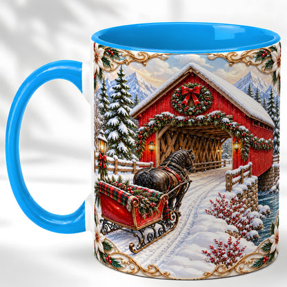 #pl[11oz|Blue] Ornate Christmas Bridge Coffee Mug, Winter Sleigh Mug, Ceramic Cup