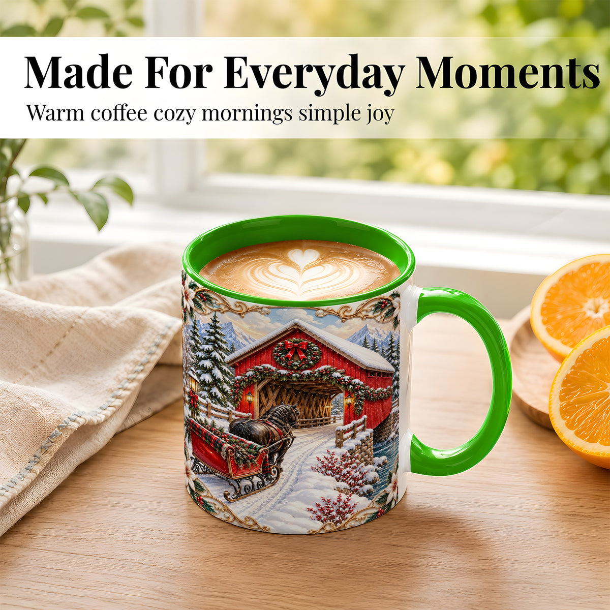 #pl[11oz|Green] Ornate Christmas Bridge Coffee Mug, Winter Sleigh Mug, Ceramic Cup