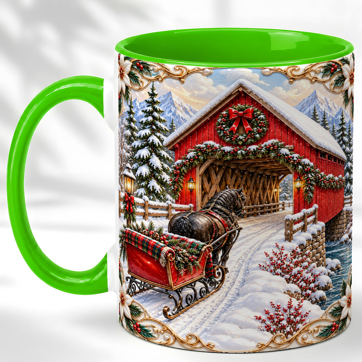 #pl[11oz|Green] Ornate Christmas Bridge Coffee Mug, Winter Sleigh Mug, Ceramic Cup