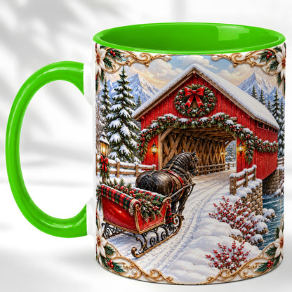 #pl[11oz|Green] Ornate Christmas Bridge Coffee Mug, Winter Sleigh Mug, Ceramic Cup