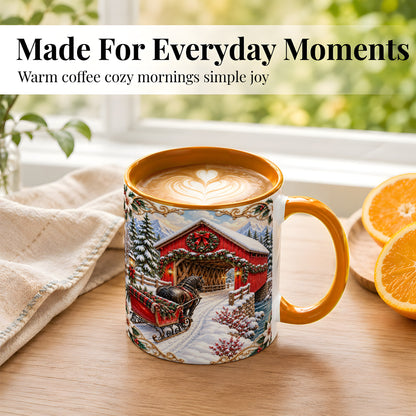 #pl[11oz|Orange] Ornate Christmas Bridge Coffee Mug, Winter Sleigh Mug, Ceramic Cup